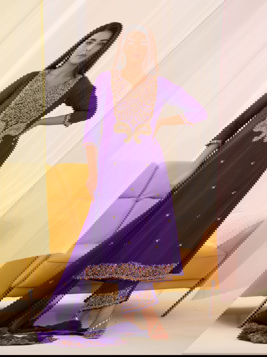 Glass Silk Purple Color Embroidered Kurta With Trousers & Dupatta - Buy Best Ethnic Wear for Women & Girls | Daily Woman -