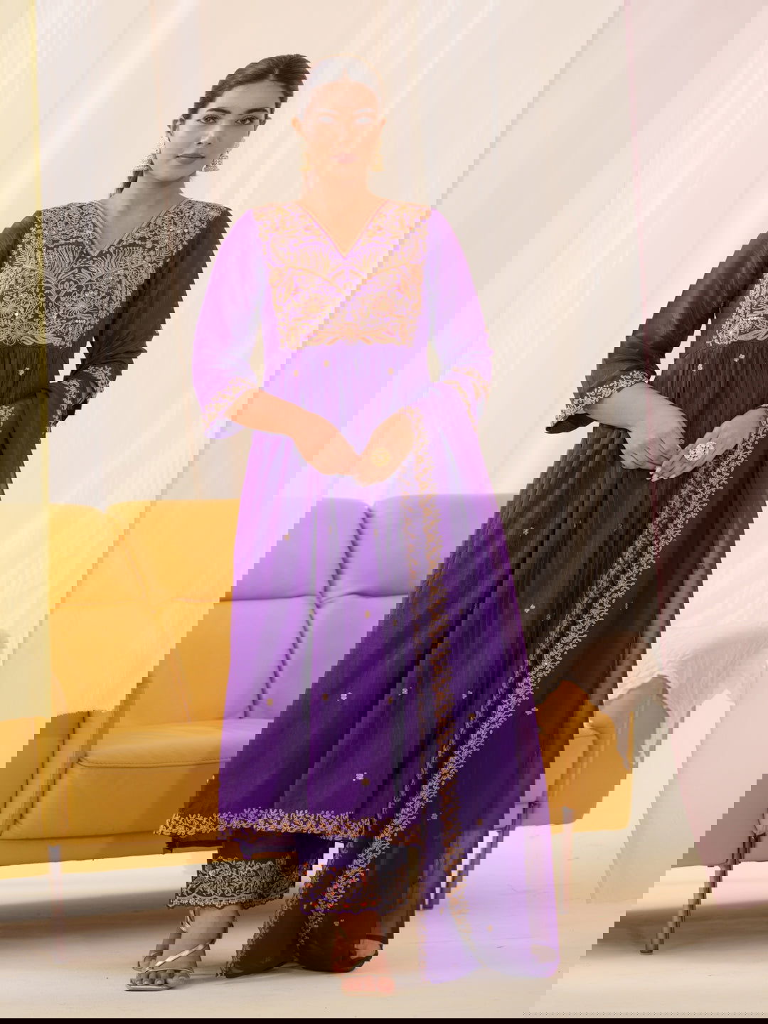 Glass Silk Purple Color Embroidered Kurta With Trousers & Dupatta - Buy Best Ethnic Wear for Women & Girls | Daily Woman -