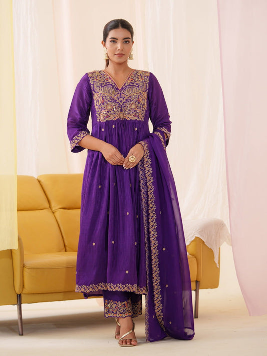 Glass Silk Purple Color Embroidered Kurta With Trousers & Dupatta - Buy Best Ethnic Wear for Women & Girls | Daily Woman -