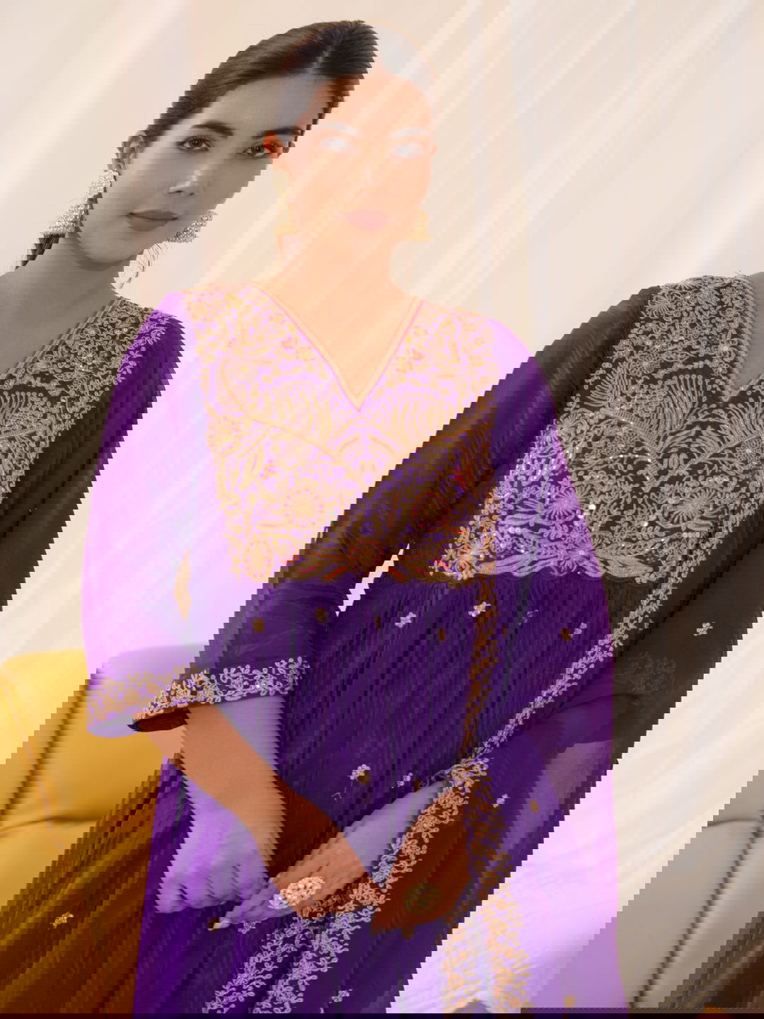 Glass Silk Purple Color Embroidered Kurta With Trousers & Dupatta - Buy Best Ethnic Wear for Women & Girls | Daily Woman -