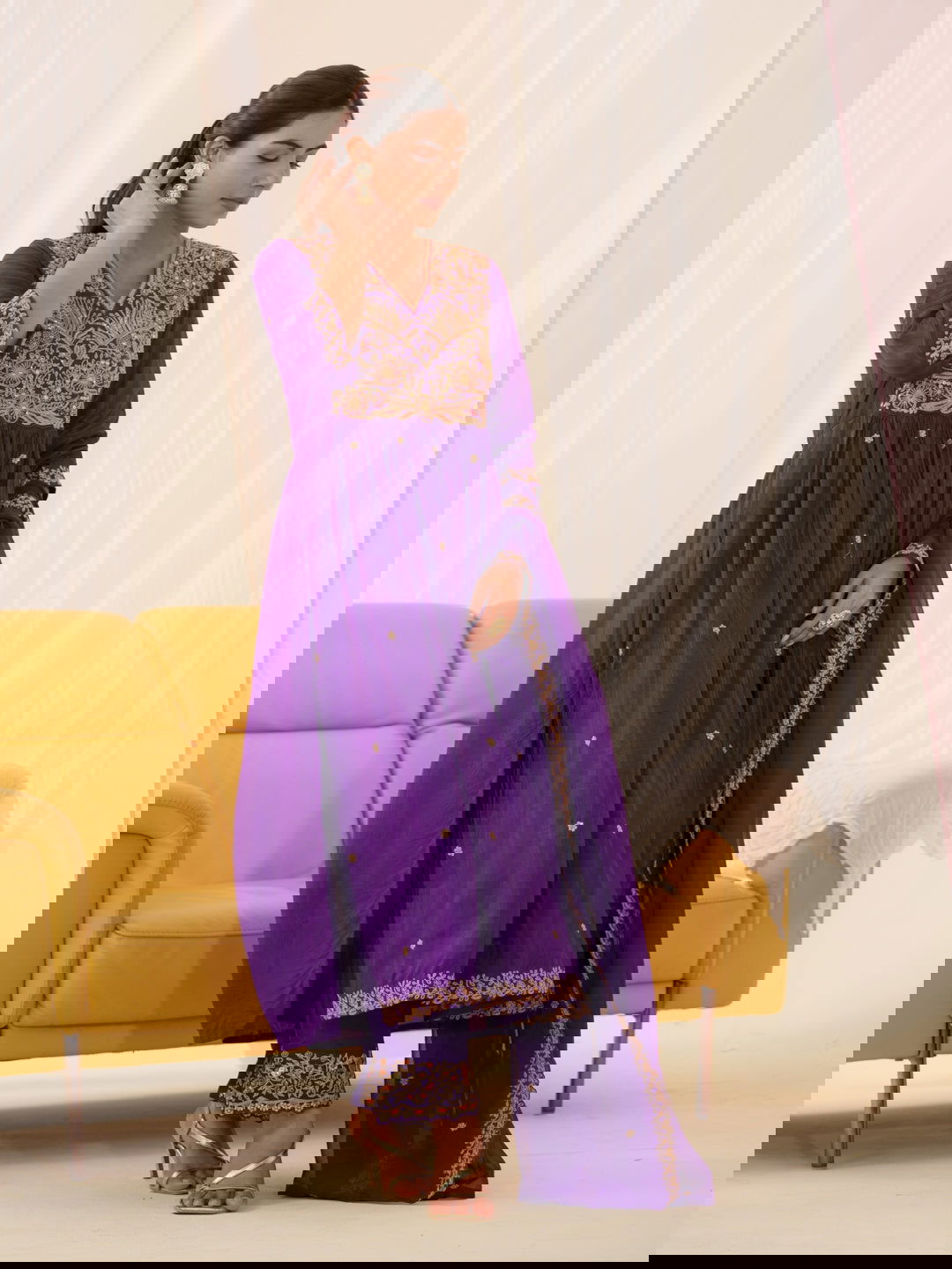 Glass Silk Purple Color Embroidered Kurta With Trousers & Dupatta - Buy Best Ethnic Wear for Women & Girls | Daily Woman -