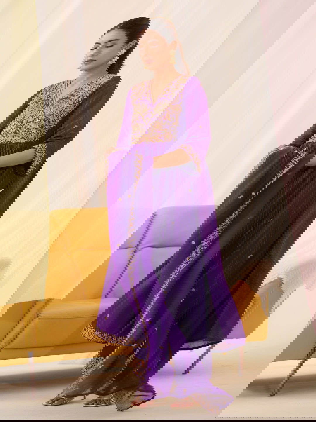 Glass Silk Purple Color Embroidered Kurta With Trousers & Dupatta - Buy Best Ethnic Wear for Women & Girls | Daily Woman -