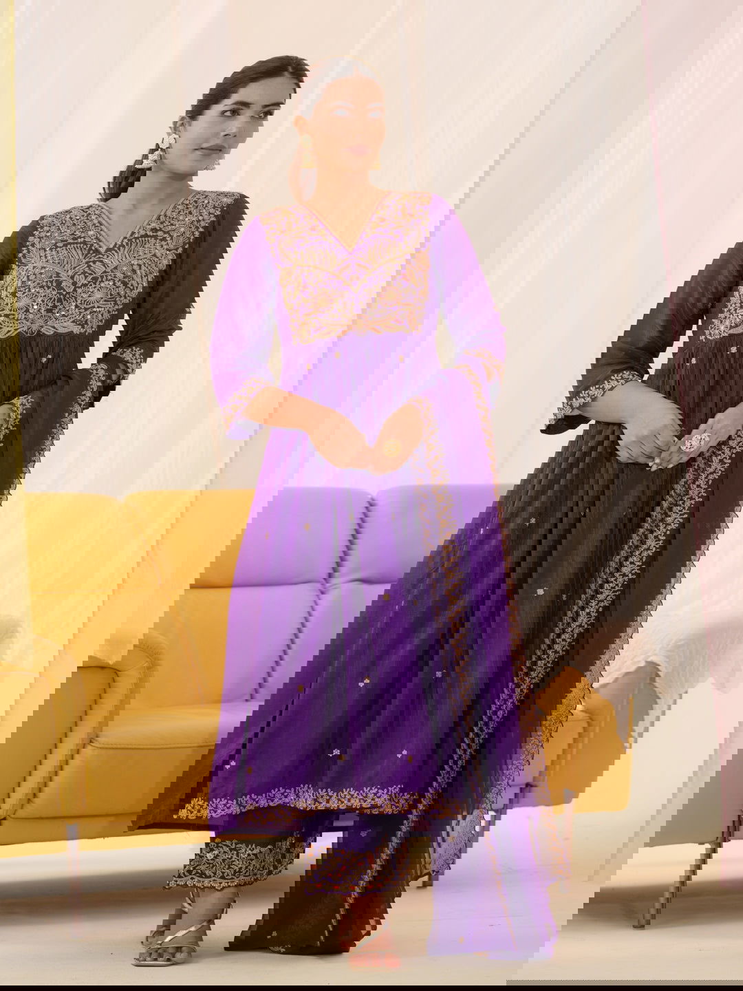 Glass Silk Purple Color Embroidered Kurta With Trousers & Dupatta - Buy Best Ethnic Wear for Women & Girls | Daily Woman -