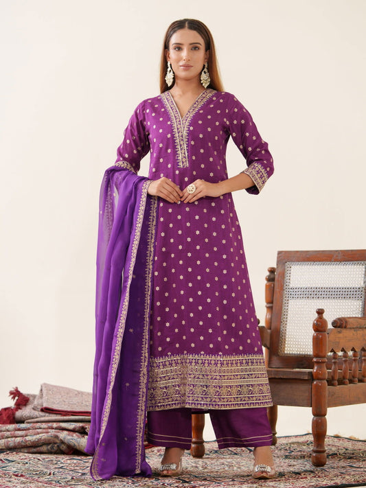 Glass Silk Purple Color Woven Design Kurta With Trousers & Dupatta - Buy Best Ethnic Wear for Women & Girls | Daily Woman -