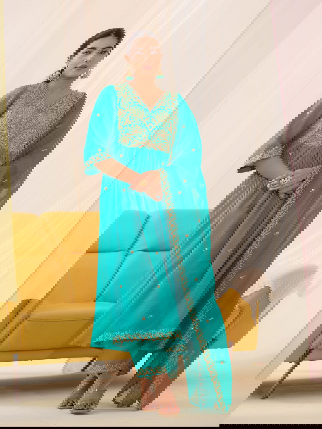 Glass Silk Rama Color Ethnic Motifs Embroidered Kurta With Trousers & Dupatta - Buy Best Ethnic Wear for Women & Girls | Daily Woman -