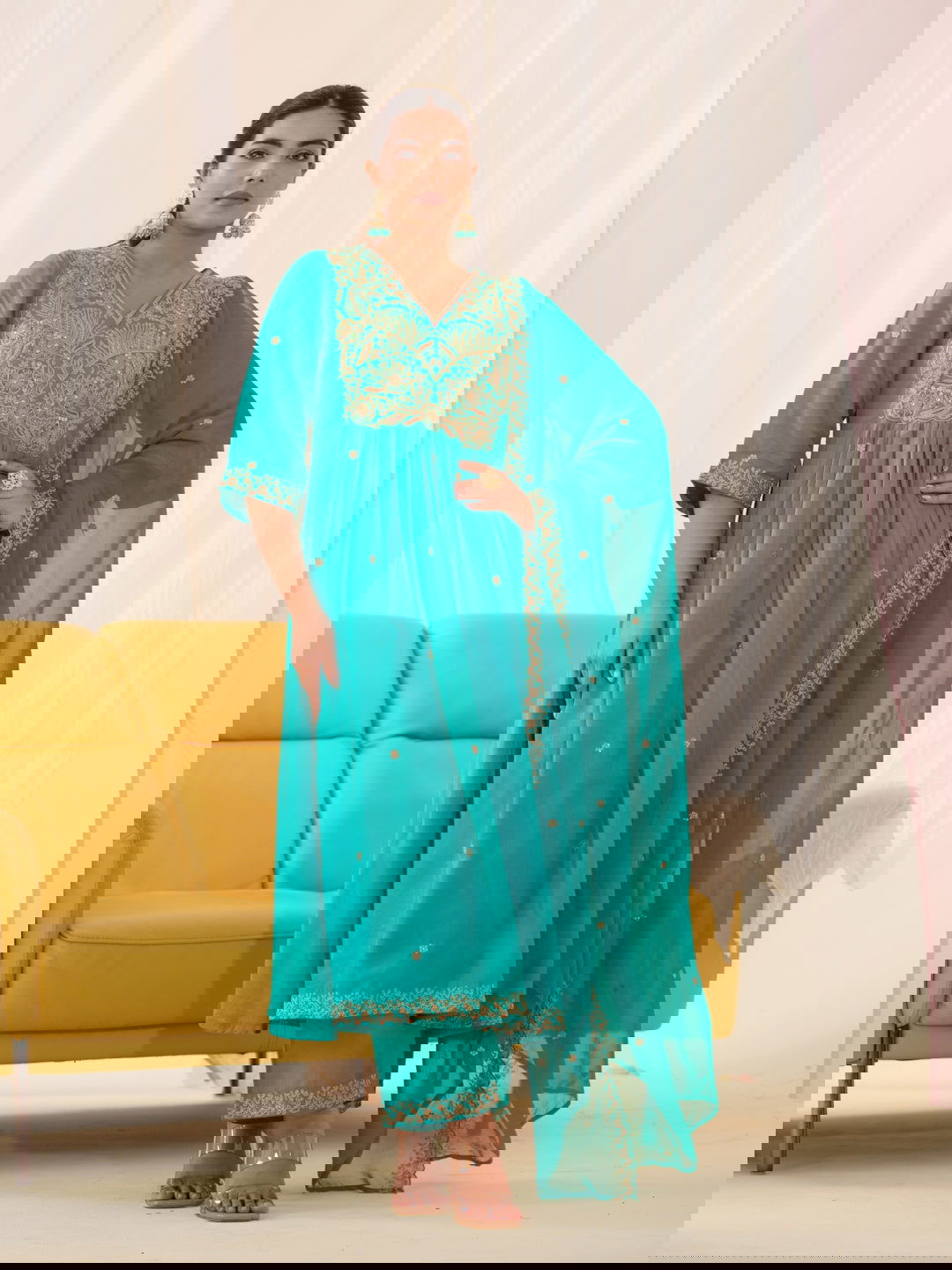 Glass Silk Rama Color Ethnic Motifs Embroidered Kurta With Trousers & Dupatta - Buy Best Ethnic Wear for Women & Girls | Daily Woman -