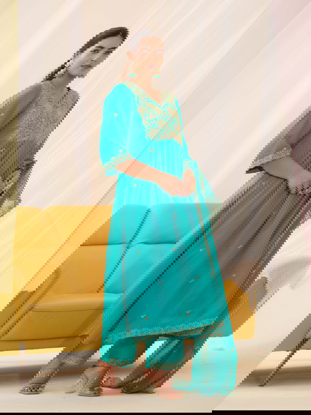 Glass Silk Rama Color Ethnic Motifs Embroidered Kurta With Trousers & Dupatta - Buy Best Ethnic Wear for Women & Girls | Daily Woman -