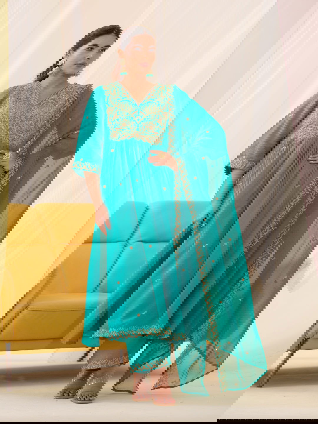 Glass Silk Rama Color Ethnic Motifs Embroidered Kurta With Trousers & Dupatta - Buy Best Ethnic Wear for Women & Girls | Daily Woman -