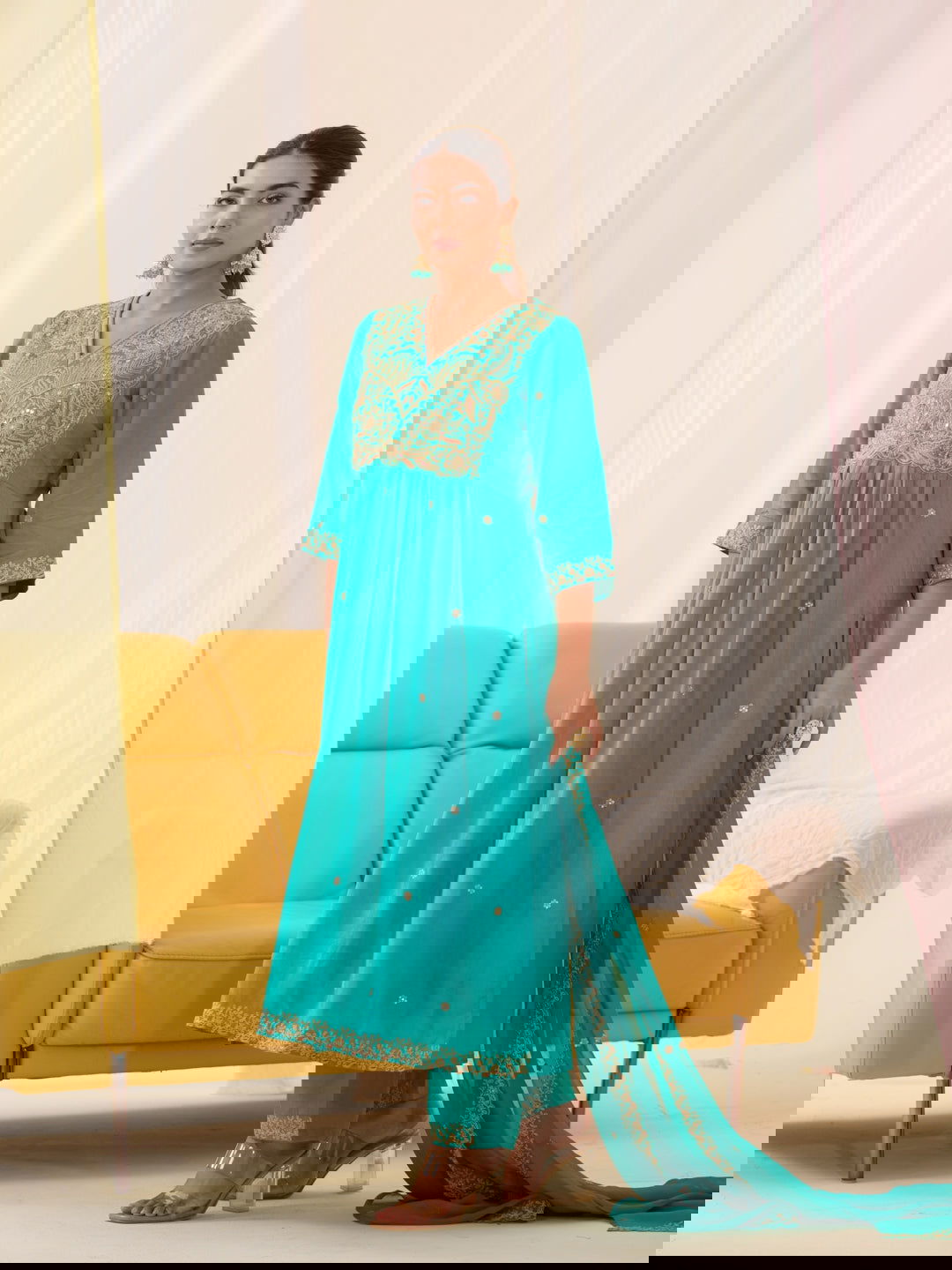 Glass Silk Rama Color Ethnic Motifs Embroidered Kurta With Trousers & Dupatta - Buy Best Ethnic Wear for Women & Girls | Daily Woman -