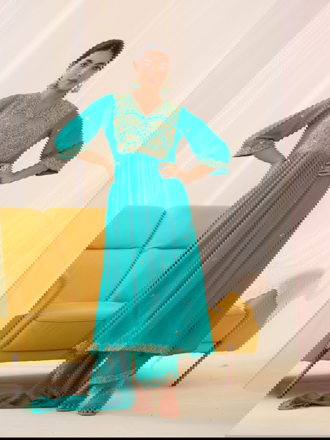 Glass Silk Rama Color Ethnic Motifs Embroidered Kurta With Trousers & Dupatta - Buy Best Ethnic Wear for Women & Girls | Daily Woman -