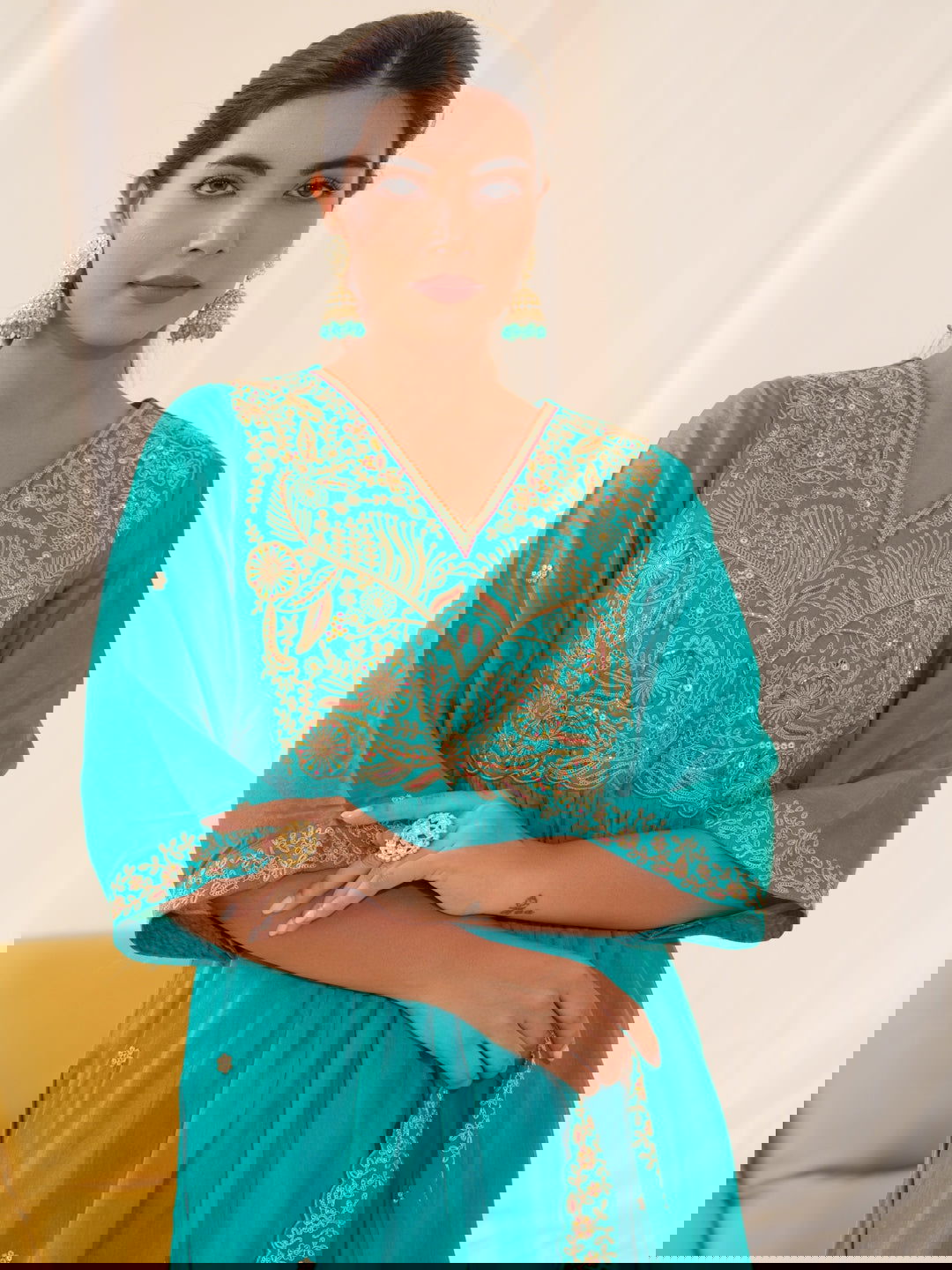 Glass Silk Rama Color Ethnic Motifs Embroidered Kurta With Trousers & Dupatta - Buy Best Ethnic Wear for Women & Girls | Daily Woman -