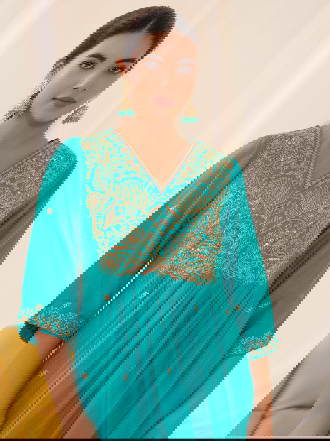 Glass Silk Rama Color Ethnic Motifs Embroidered Kurta With Trousers & Dupatta - Buy Best Ethnic Wear for Women & Girls | Daily Woman -