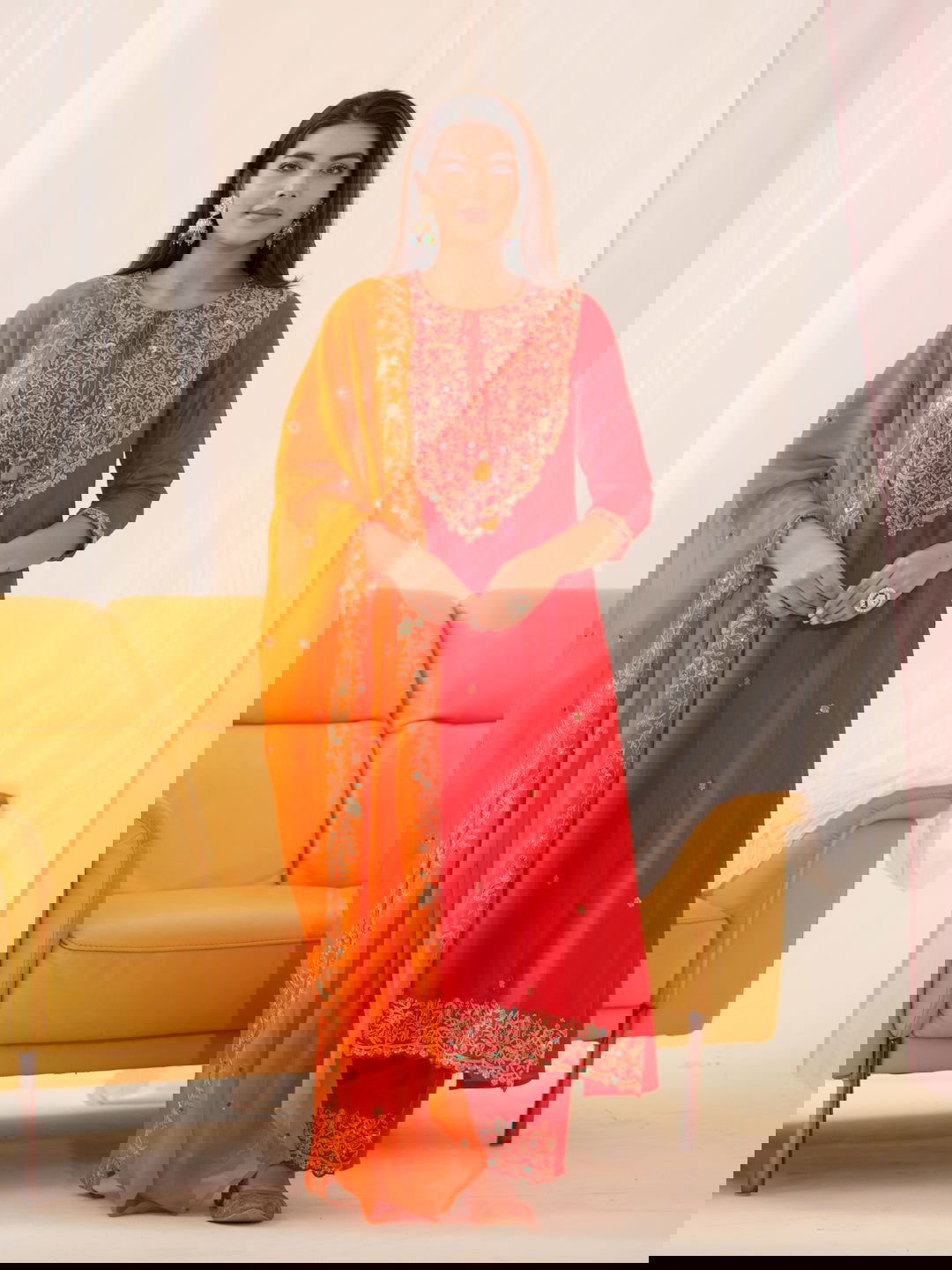 Glass Silk Red Color Ethnic Motifs Embroidered Kurta With Trousers & Dupatta - Buy Best Ethnic Wear for Women & Girls | Daily Woman -