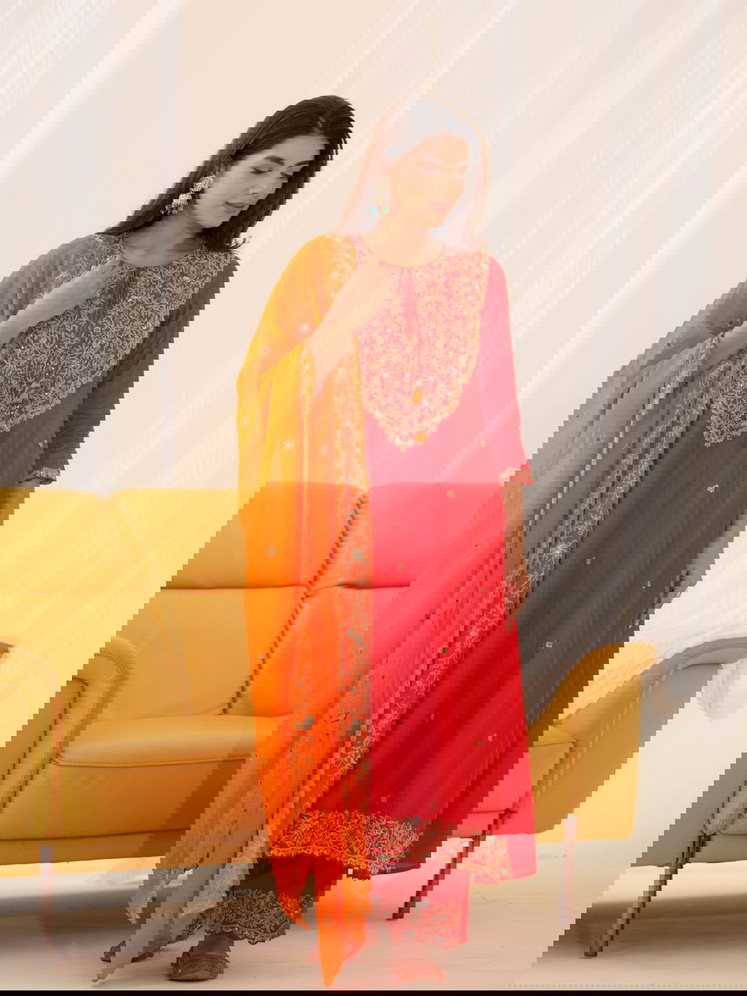 Glass Silk Red Color Ethnic Motifs Embroidered Kurta With Trousers & Dupatta - Buy Best Ethnic Wear for Women & Girls | Daily Woman -