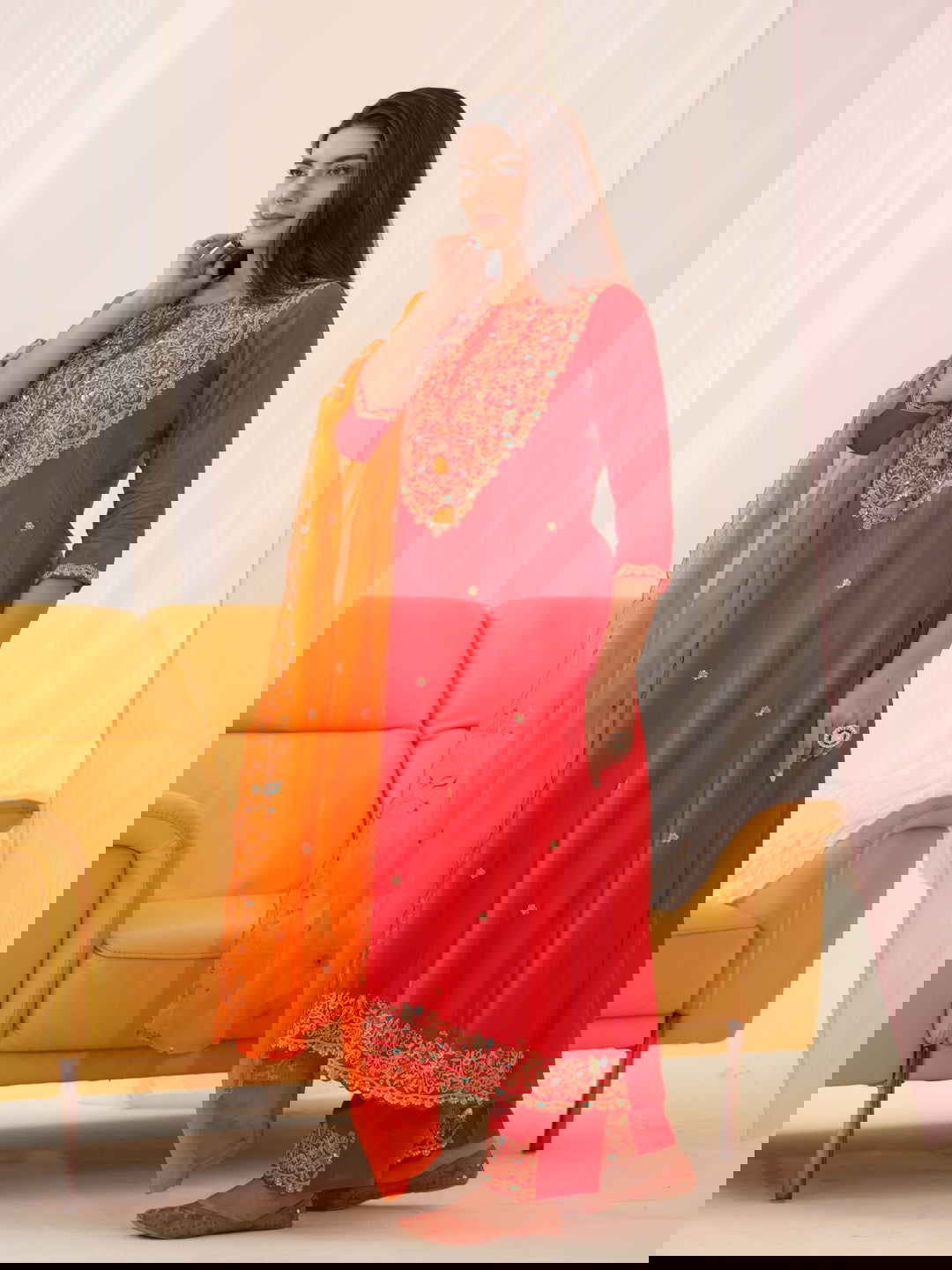 Glass Silk Red Color Ethnic Motifs Embroidered Kurta With Trousers & Dupatta - Buy Best Ethnic Wear for Women & Girls | Daily Woman -