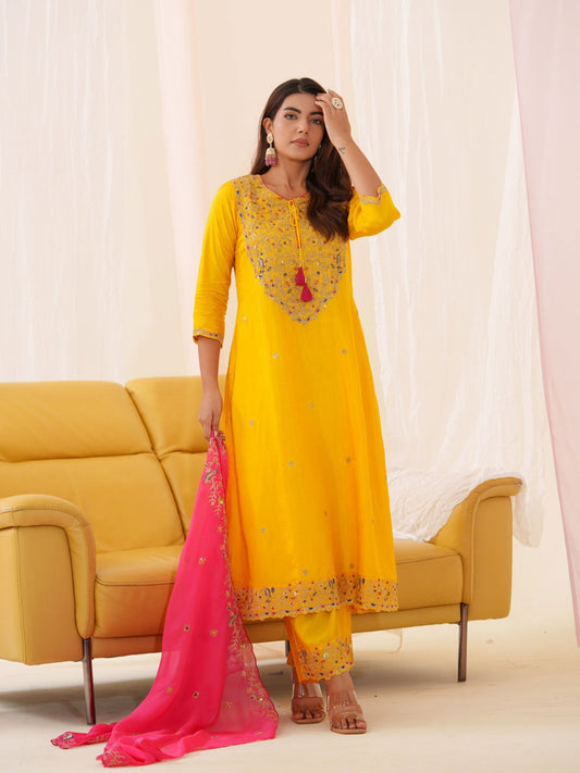 Glass Silk Yellow Color Embroidered Kurta With Trousers & Dupatta - Buy Best Ethnic Wear for Women & Girls | Daily Woman -