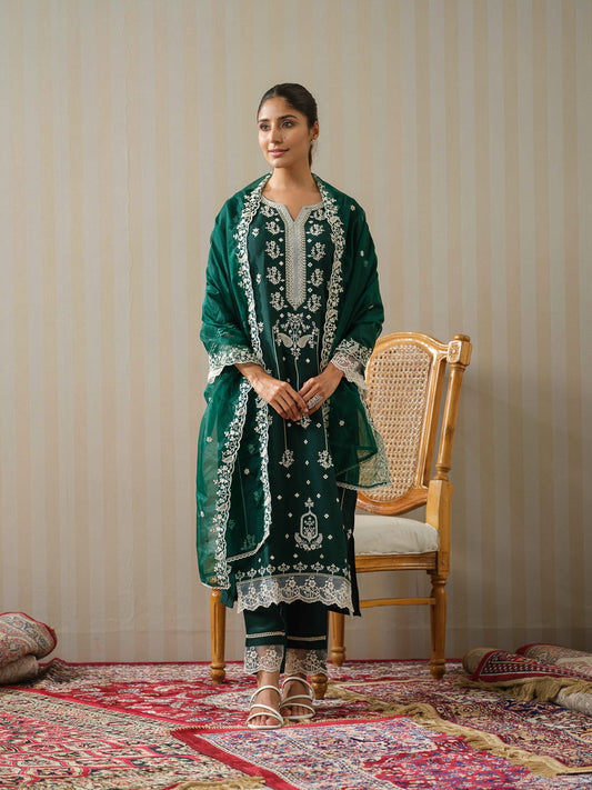 Green Embroidered Woven Design Straight Kurta and Trousers With Dupatta - Buy Best Ethnic Wear for Women & Girls | Daily Woman -