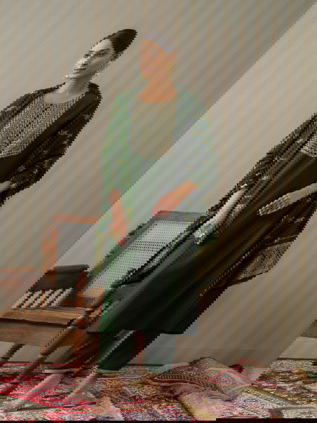 Green Ethnic Motifs Straight Kurta & Trousers With Dupatta - Buy Best Ethnic Wear for Women & Girls | Daily Woman -