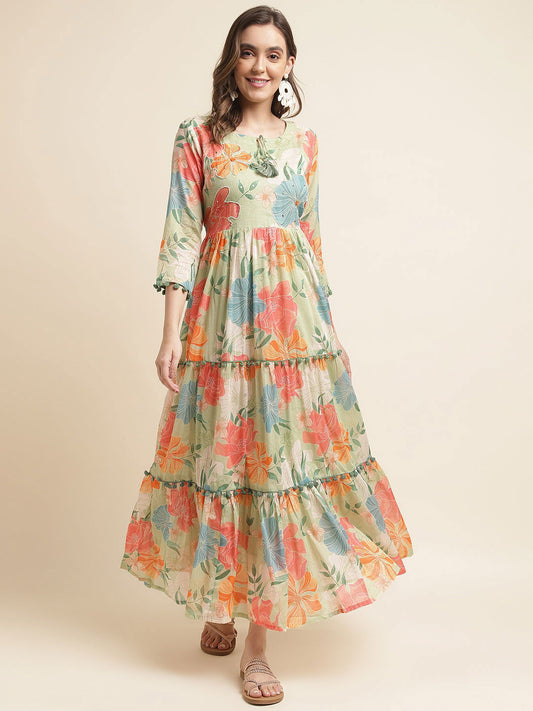 Green Floral Print Layered Maxi Dress - Buy Best Ethnic Wear for Women & Girls | Daily Woman -