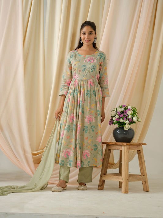 Green Floral Printed Beads & Stones Anarkali Kurta With Trouser & Dupatta - Buy Best Ethnic Wear for Women & Girls | Daily Woman -