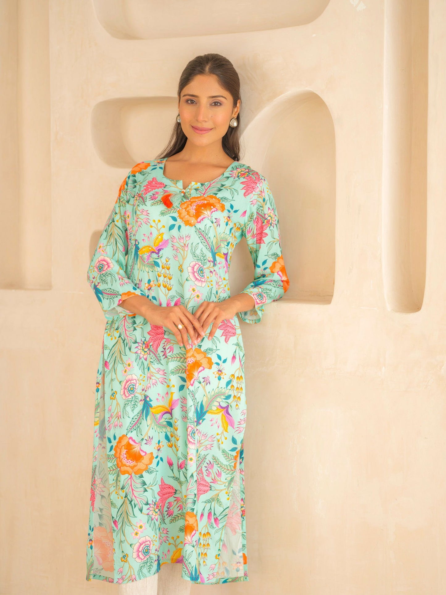 Green Floral Printed Sequinned Straight Kurta - Buy Best Ethnic Wear for Women & Girls | Daily Woman -