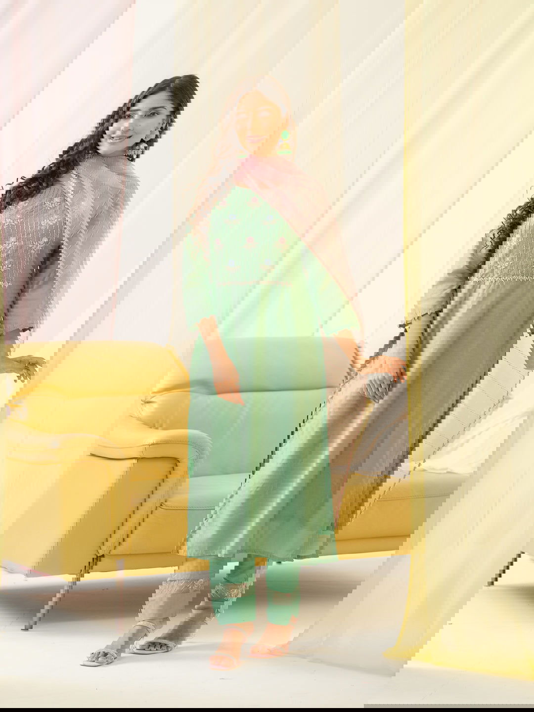 Green Floral Yoke Design Thread Work Straight Kurta & Trouser With dupatta - Buy Best Ethnic Wear for Women & Girls | Daily Woman -