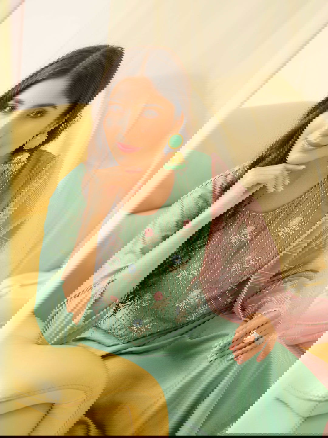 Green Floral Yoke Design Thread Work Straight Kurta & Trouser With dupatta - Buy Best Ethnic Wear for Women & Girls | Daily Woman -