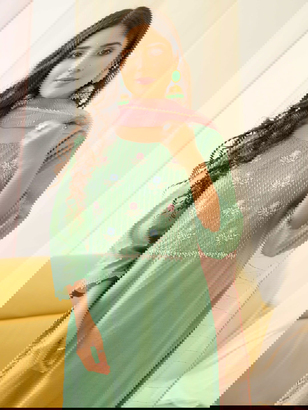 Green Floral Yoke Design Thread Work Straight Kurta & Trouser With dupatta - Buy Best Ethnic Wear for Women & Girls | Daily Woman -