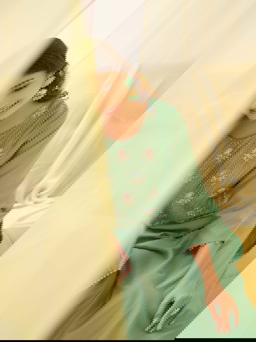 Green Floral Yoke Design Thread Work Straight Kurta & Trouser With dupatta - Buy Best Ethnic Wear for Women & Girls | Daily Woman -