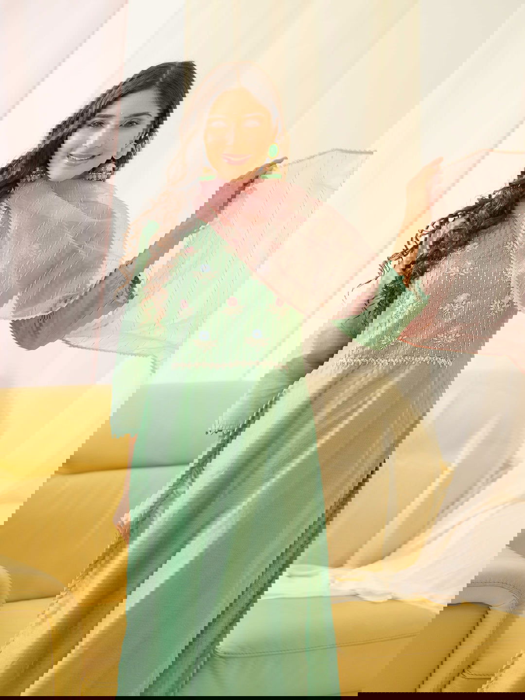 Green Floral Yoke Design Thread Work Straight Kurta & Trouser With dupatta - Buy Best Ethnic Wear for Women & Girls | Daily Woman -