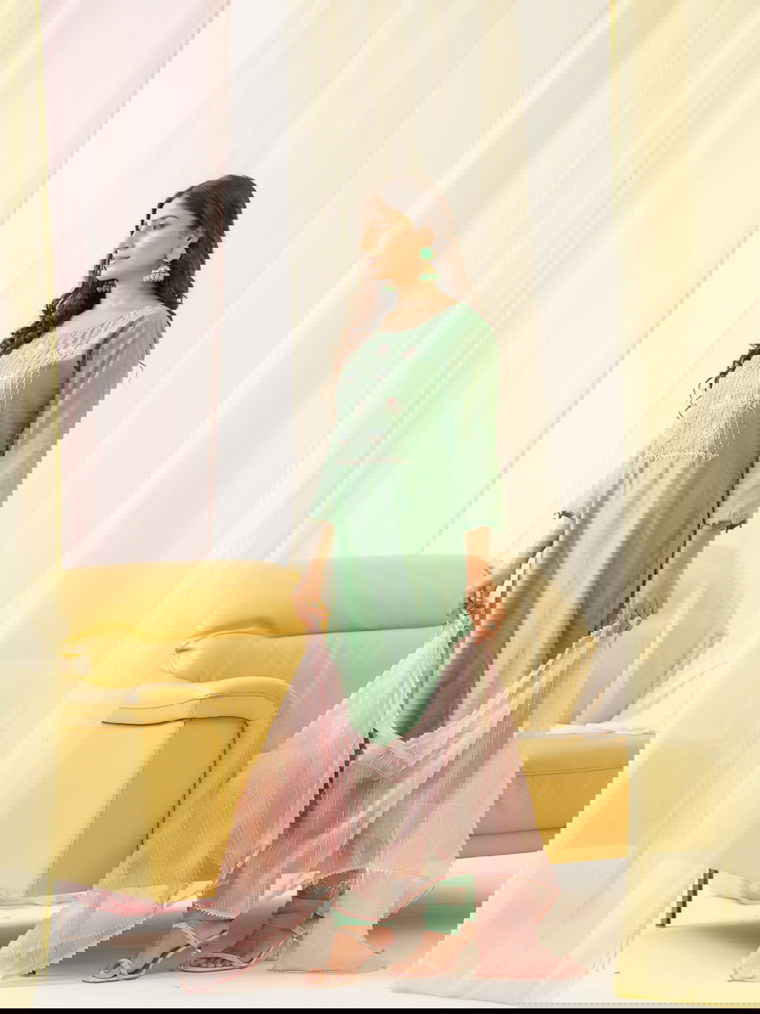 Green Floral Yoke Design Thread Work Straight Kurta & Trouser With dupatta - Buy Best Ethnic Wear for Women & Girls | Daily Woman -