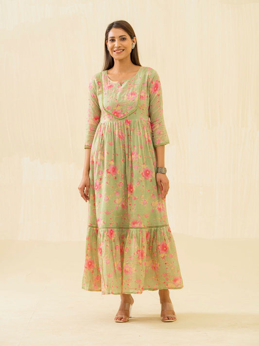 Green & Pink Ethnic Printed Regular Sleeves Button Floral - Buy Best Ethnic Wear for Women & Girls | Daily Woman -