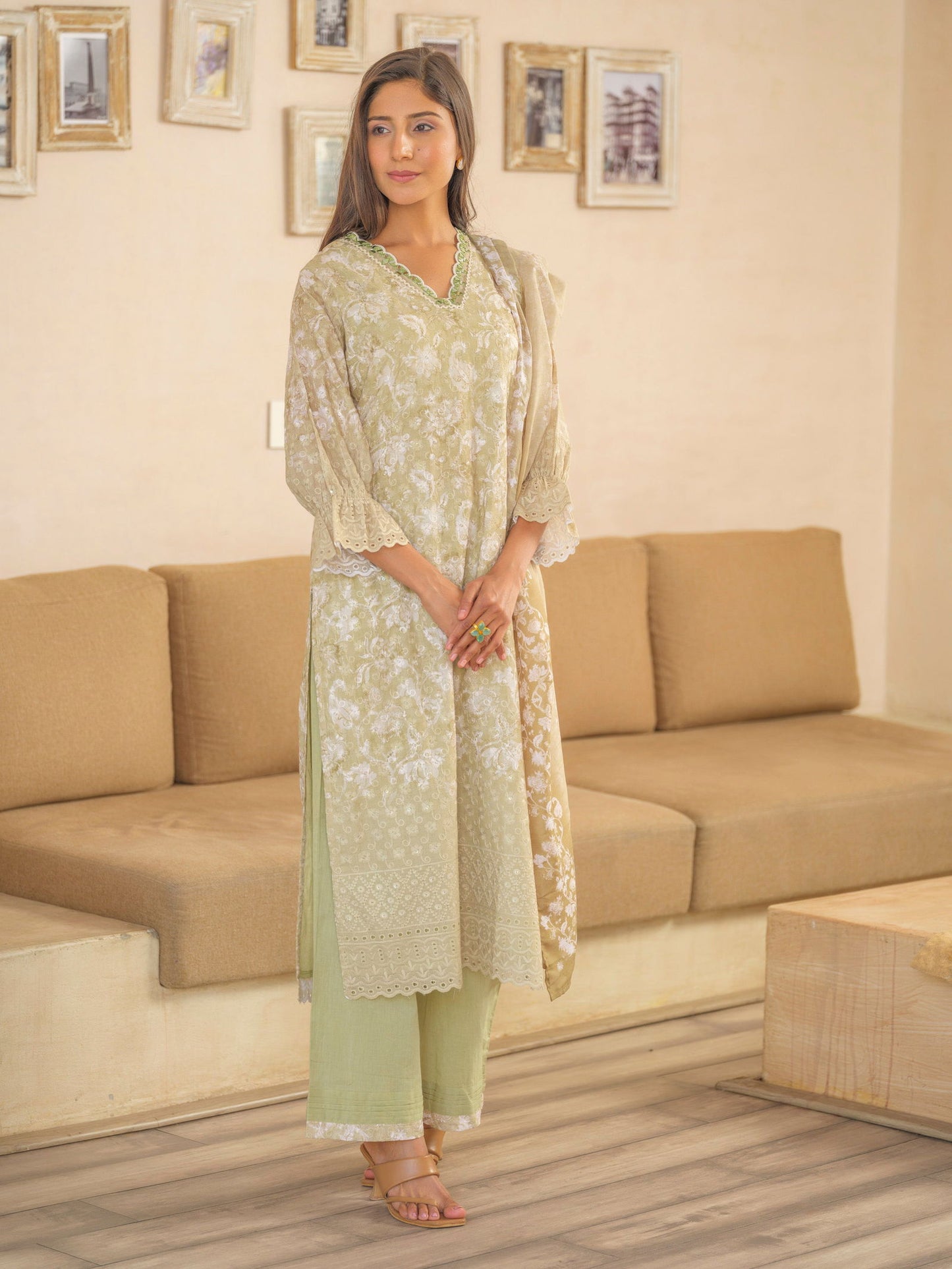 Green Woven Design Embroidered Straight Kurta and Trousers With Dupatta - Buy Best Ethnic Wear for Women & Girls | Daily Woman -