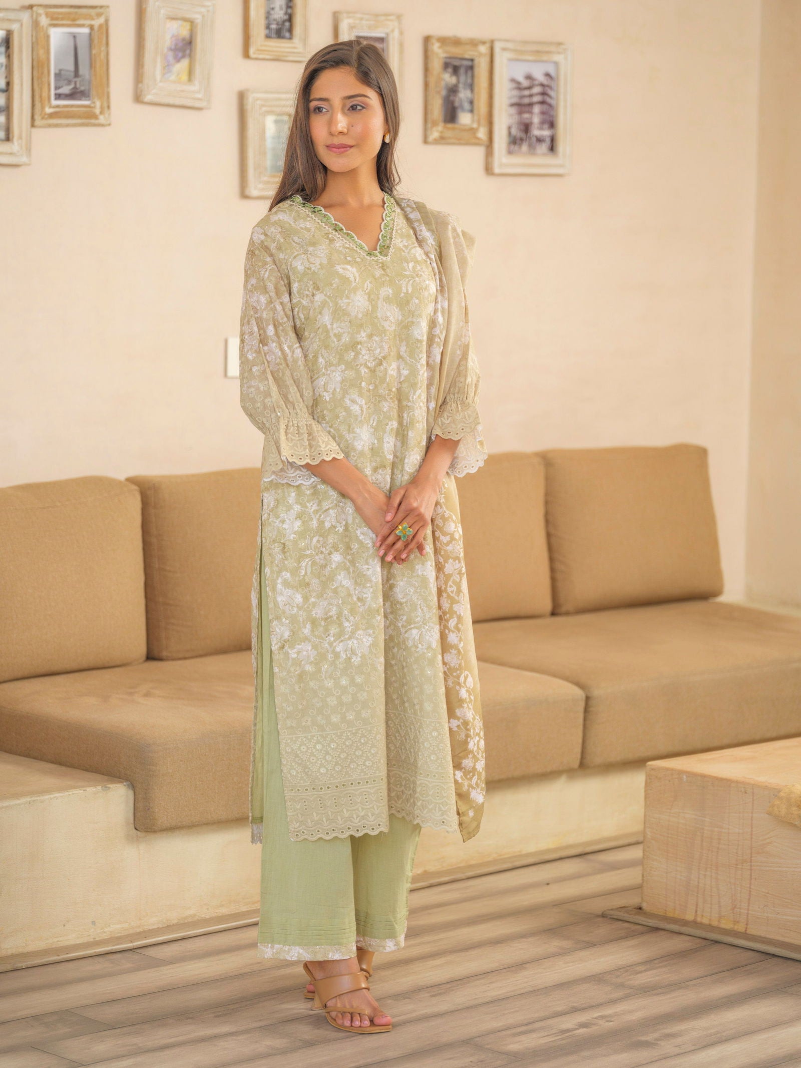 Green Woven Design Embroidered Straight Kurta and Trousers With Dupatta - Buy Best Ethnic Wear for Women & Girls | Daily Woman -