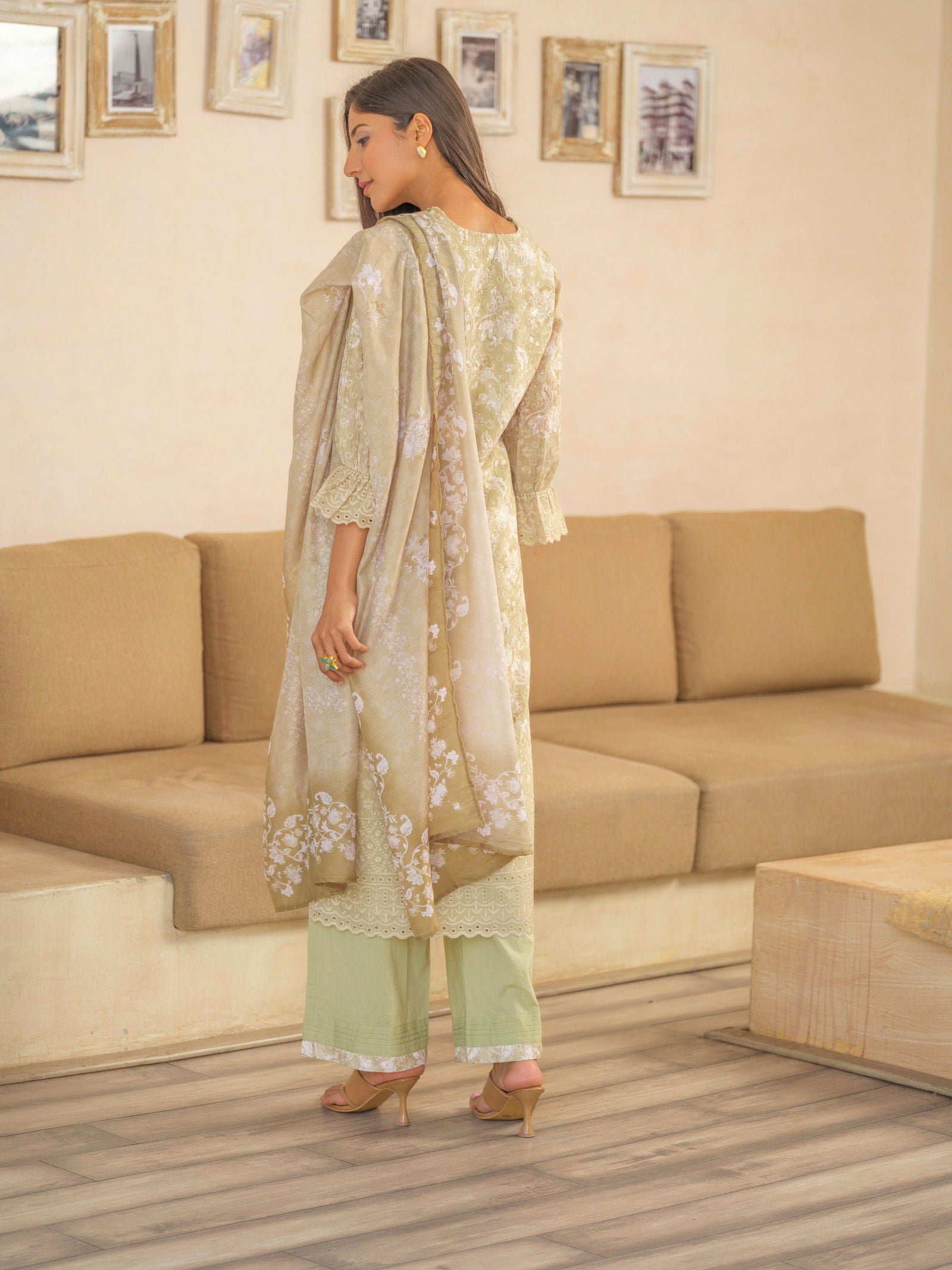 Green Woven Design Embroidered Straight Kurta and Trousers With Dupatta - Buy Best Ethnic Wear for Women & Girls | Daily Woman -