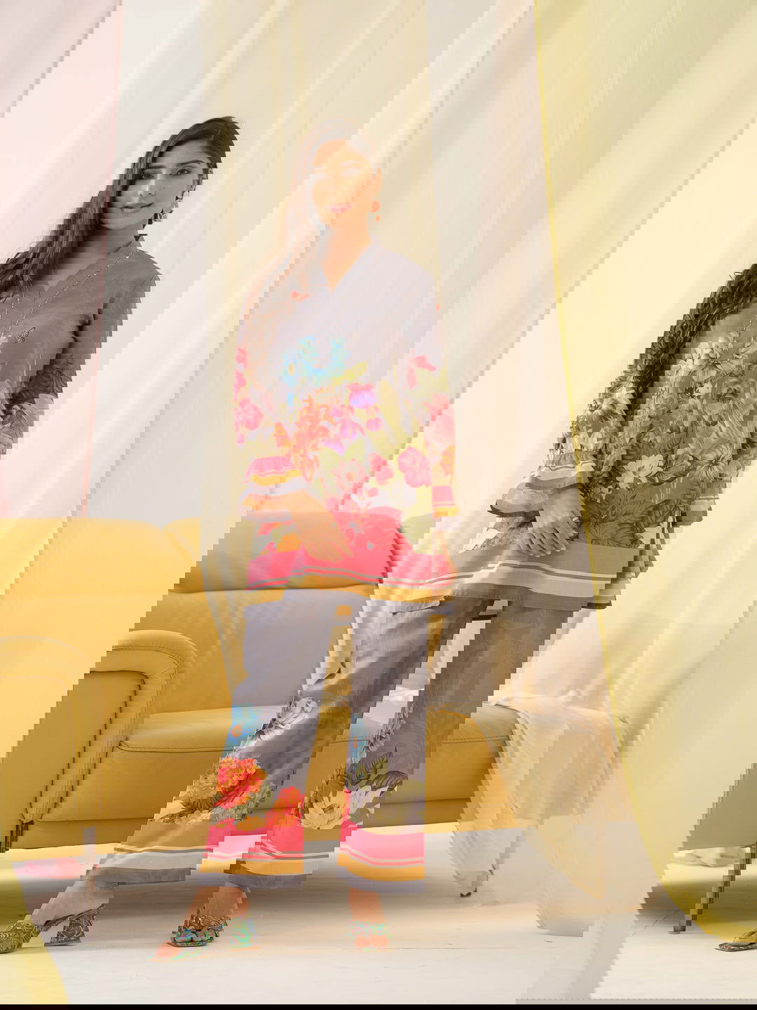 Grey Mandarin Collar Printed Tunic Palazzos - Buy Best Ethnic Wear for Women & Girls | Daily Woman -