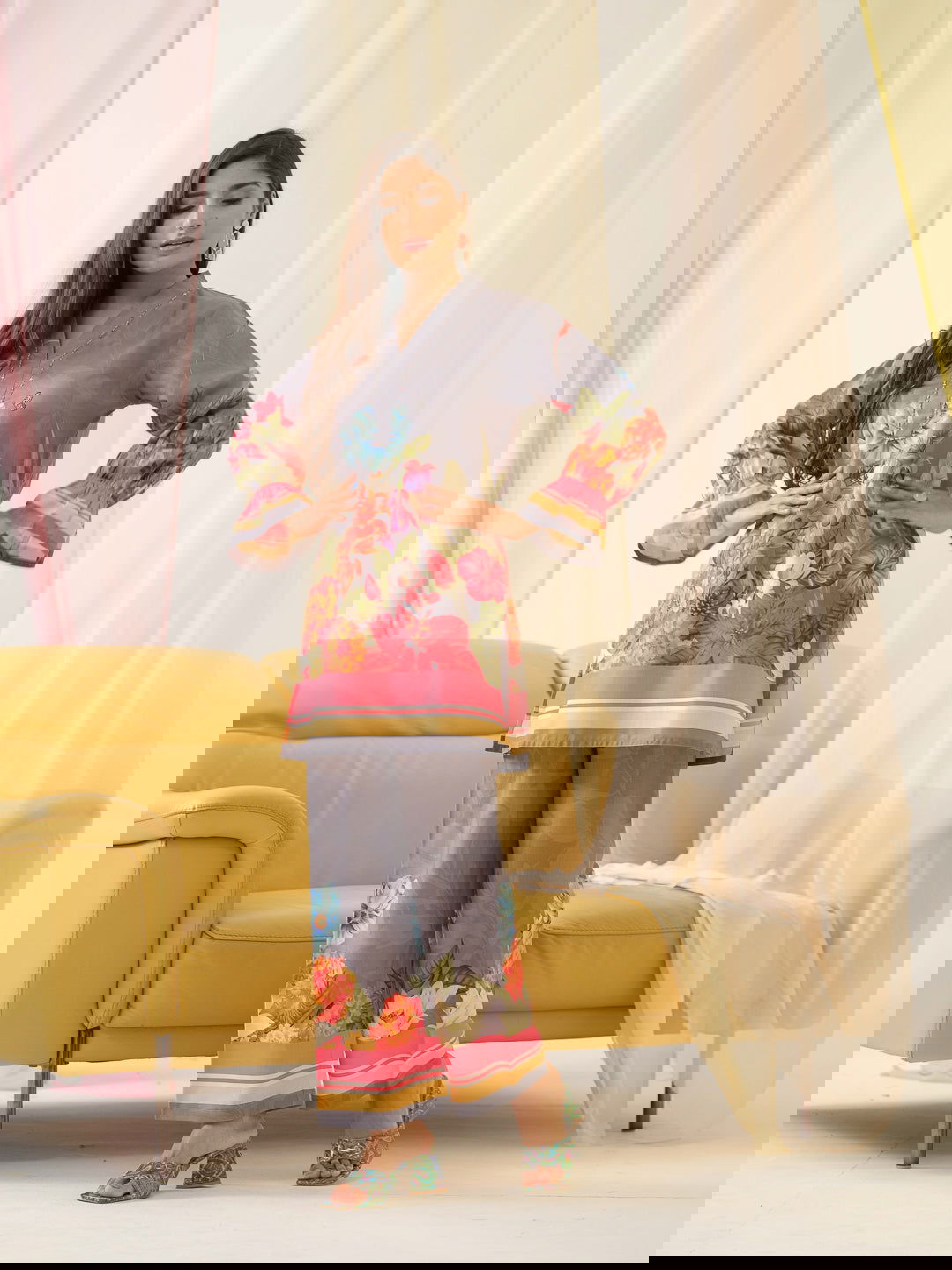 Grey Mandarin Collar Printed Tunic Palazzos - Buy Best Ethnic Wear for Women & Girls | Daily Woman -