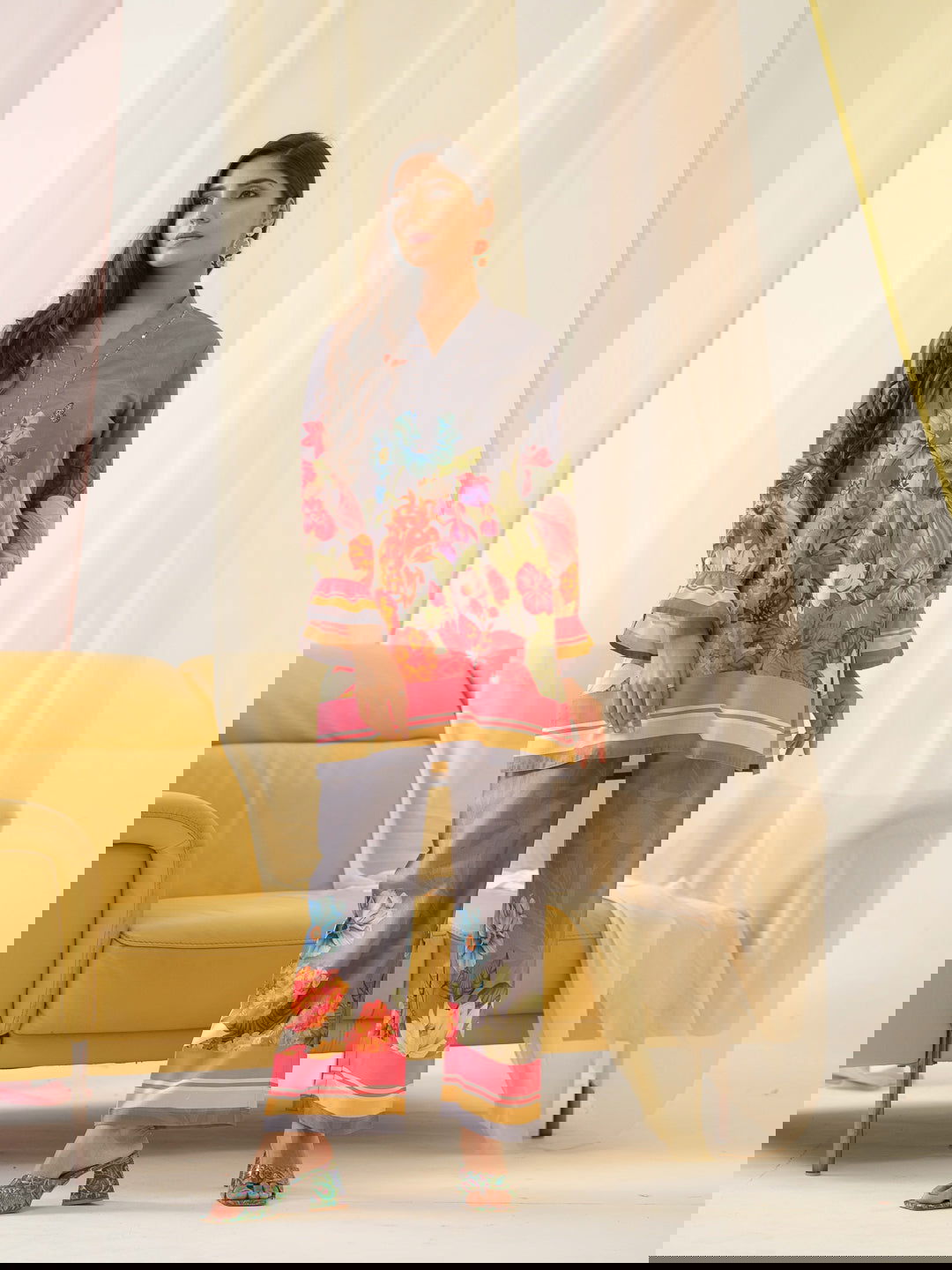 Grey Mandarin Collar Printed Tunic Palazzos - Buy Best Ethnic Wear for Women & Girls | Daily Woman -