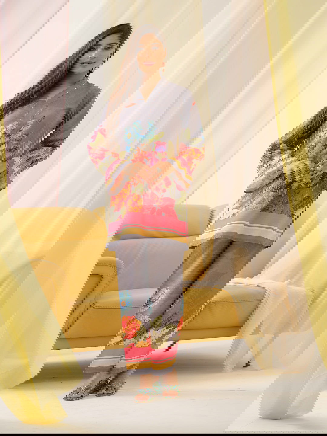 Grey Mandarin Collar Printed Tunic Palazzos - Buy Best Ethnic Wear for Women & Girls | Daily Woman -