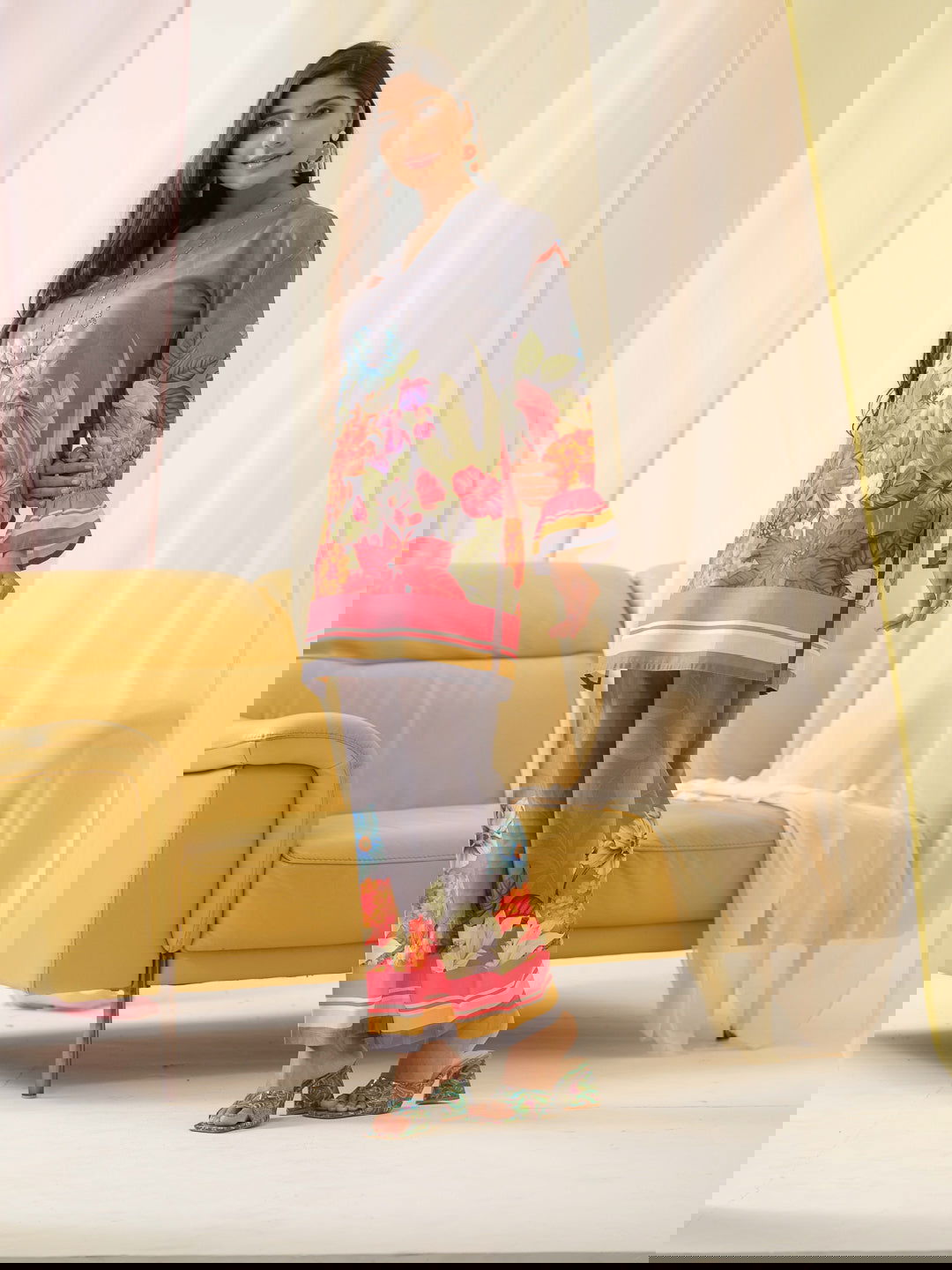 Grey Mandarin Collar Printed Tunic Palazzos - Buy Best Ethnic Wear for Women & Girls | Daily Woman -