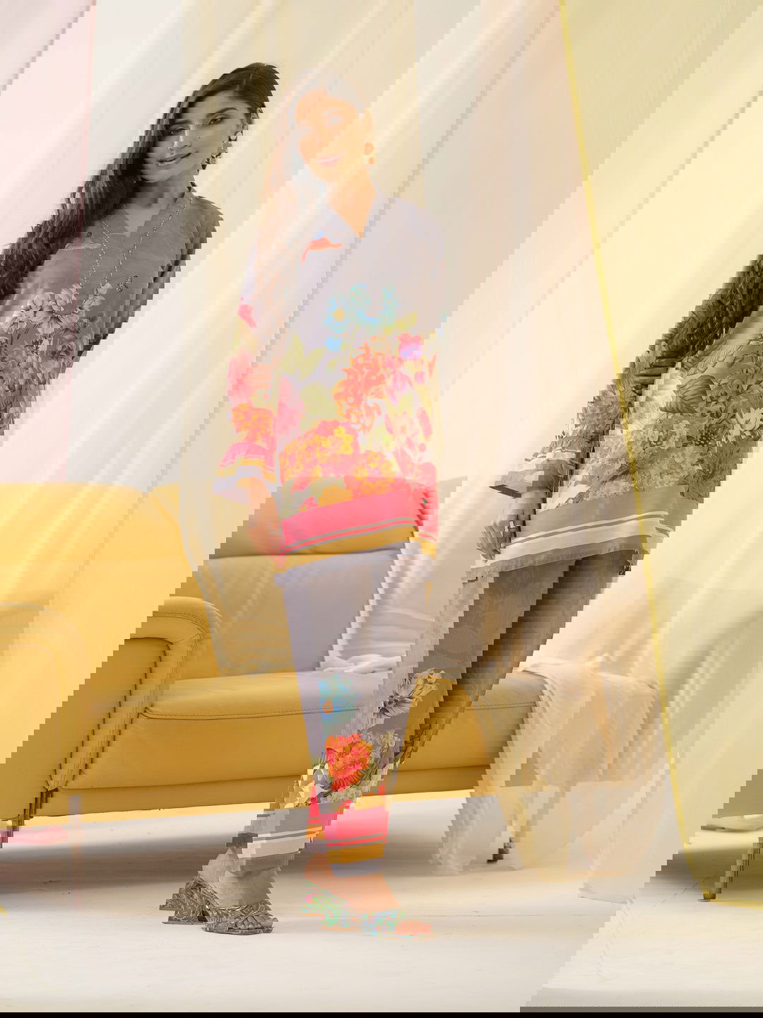 Grey Mandarin Collar Printed Tunic Palazzos - Buy Best Ethnic Wear for Women & Girls | Daily Woman -