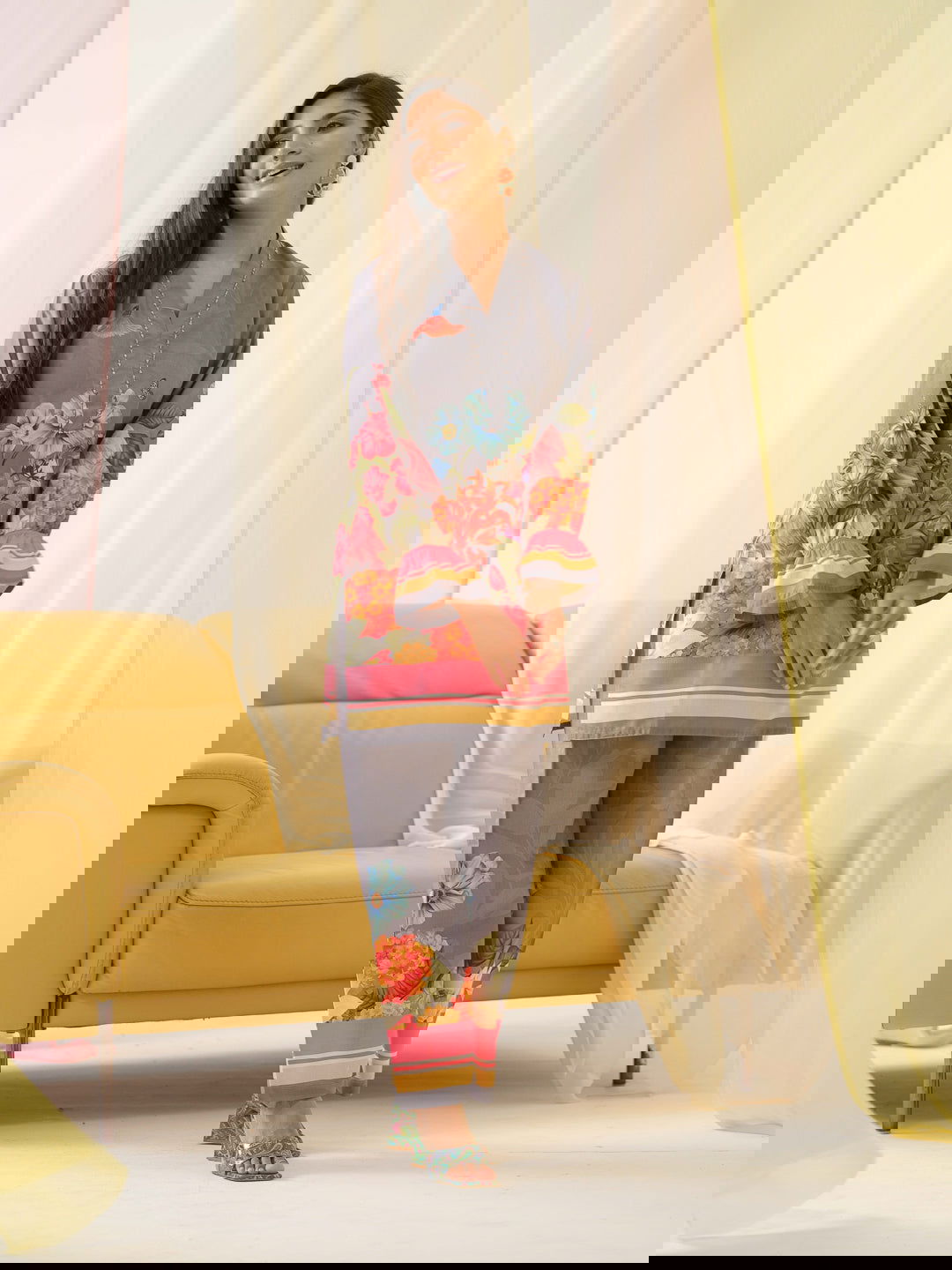 Grey Mandarin Collar Printed Tunic Palazzos - Buy Best Ethnic Wear for Women & Girls | Daily Woman -