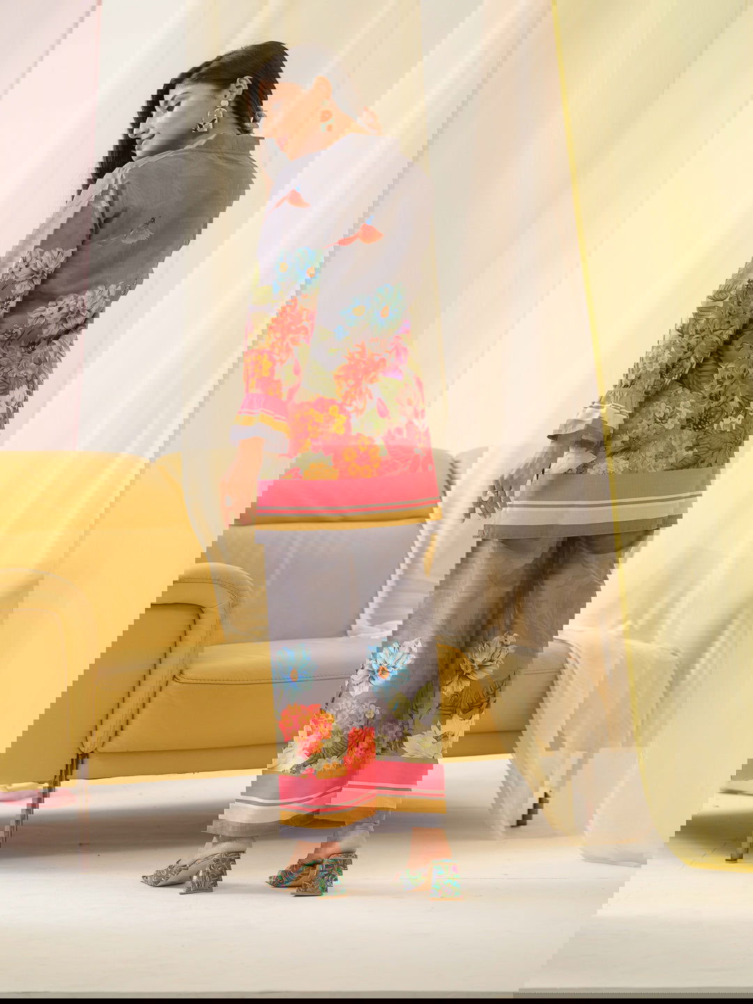 Grey Mandarin Collar Printed Tunic Palazzos - Buy Best Ethnic Wear for Women & Girls | Daily Woman -