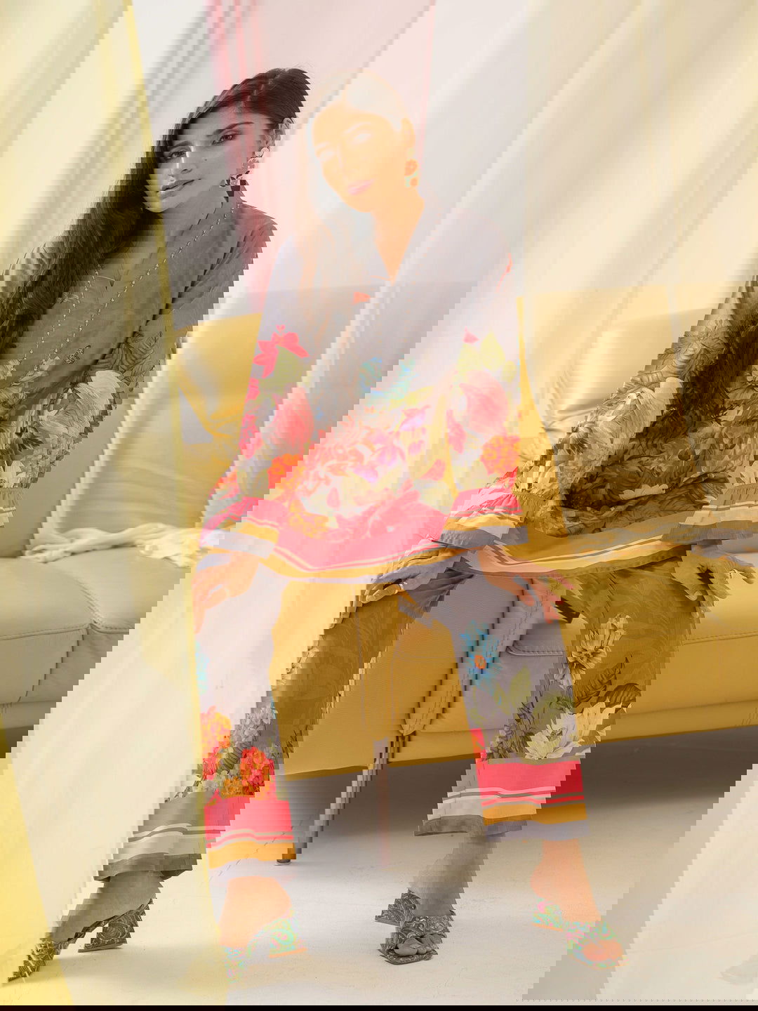 Grey Mandarin Collar Printed Tunic Palazzos - Buy Best Ethnic Wear for Women & Girls | Daily Woman -