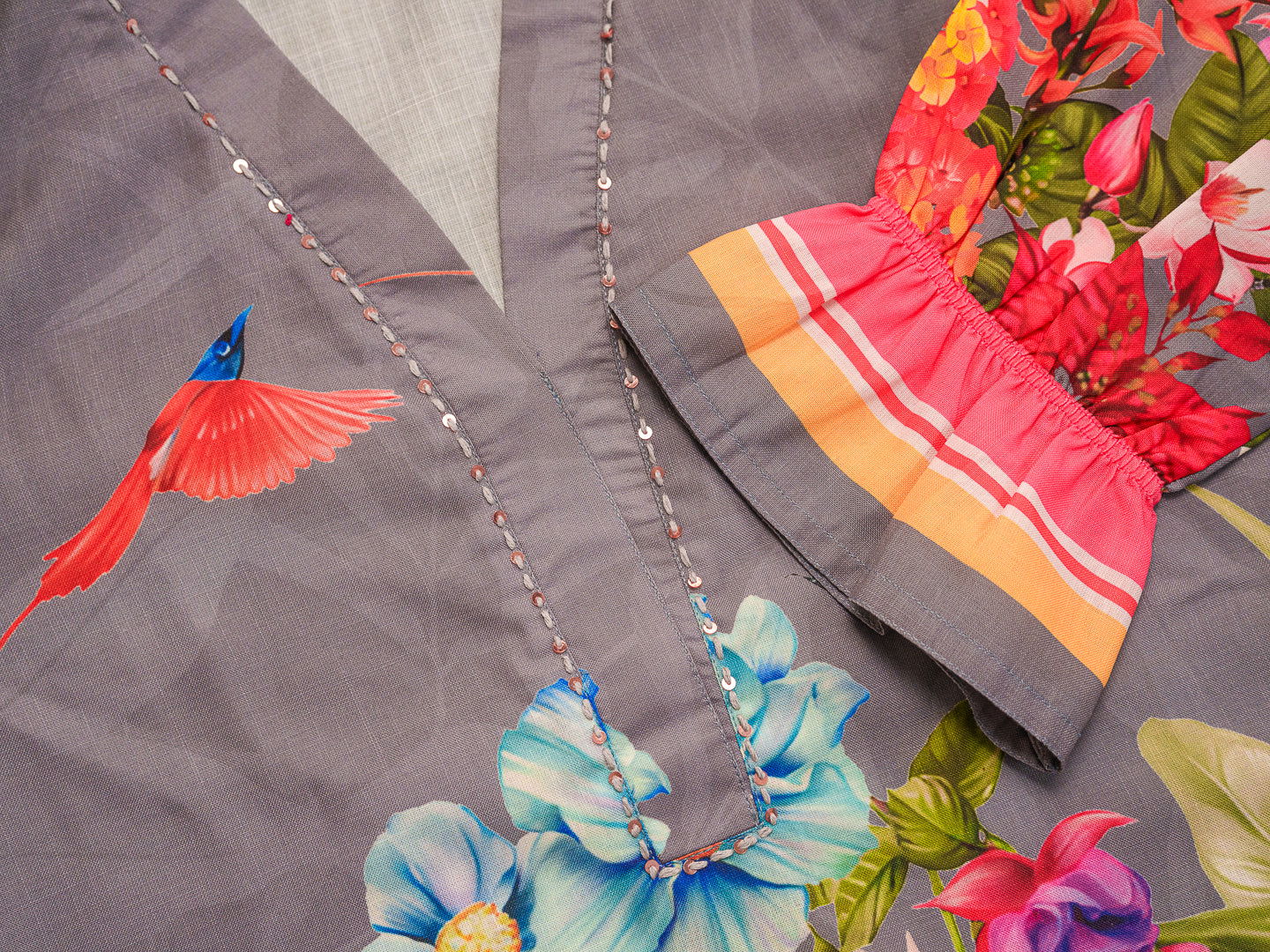 Grey Mandarin Collar Printed Tunic Palazzos - Buy Best Ethnic Wear for Women & Girls | Daily Woman -