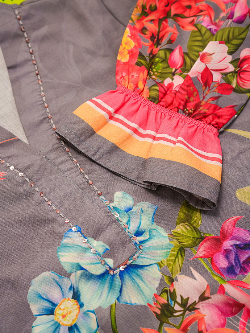 Grey Mandarin Collar Printed Tunic Palazzos - Buy Best Ethnic Wear for Women & Girls | Daily Woman -