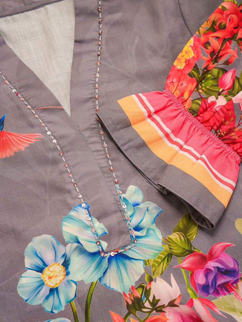 Grey Mandarin Collar Printed Tunic Palazzos - Buy Best Ethnic Wear for Women & Girls | Daily Woman -