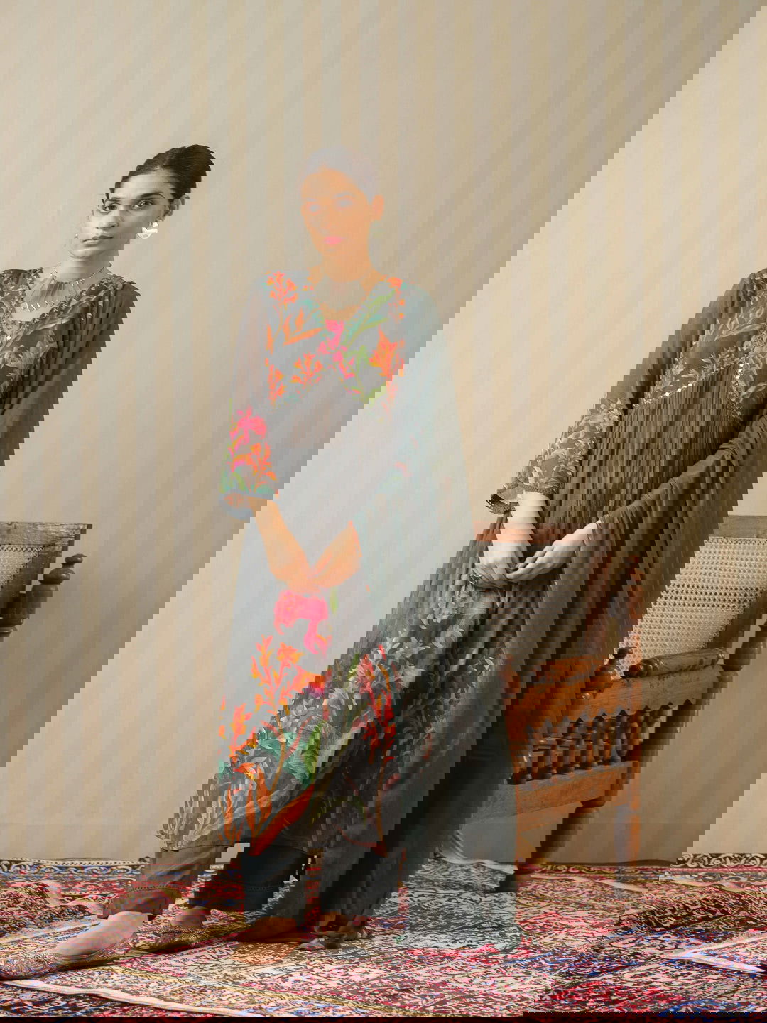 Grey Printed Floral A-Line Kurta and Trousers With Dupatta - Buy Best Ethnic Wear for Women & Girls | Daily Woman -
