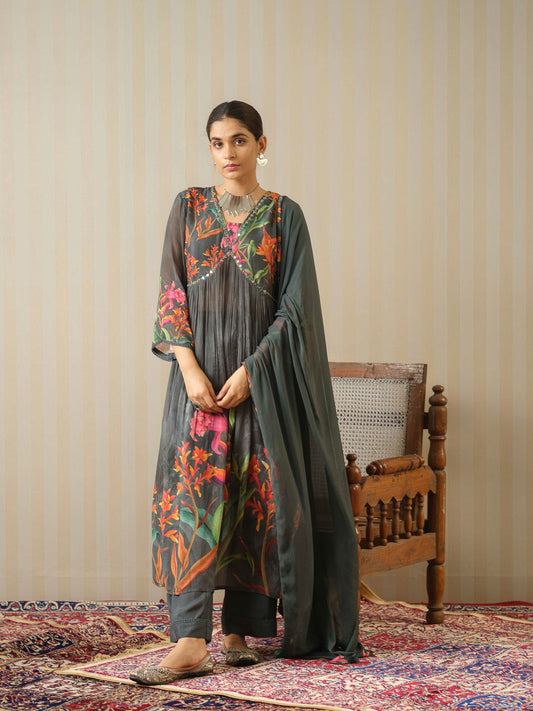 Grey Printed Floral A-Line Kurta and Trousers With Dupatta - Buy Best Ethnic Wear for Women & Girls | Daily Woman -