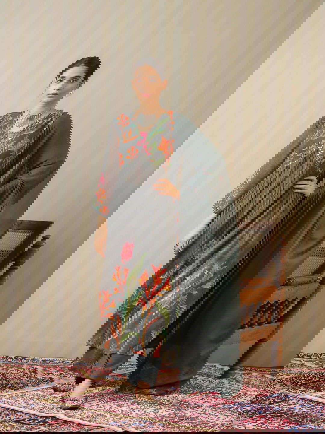 Grey Printed Floral A-Line Kurta and Trousers With Dupatta - Buy Best Ethnic Wear for Women & Girls | Daily Woman -